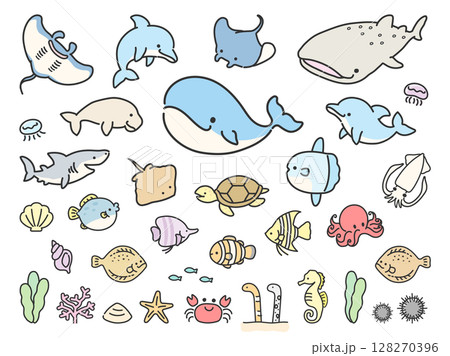 海のかわいい魚や動物のイラストセット 128270396