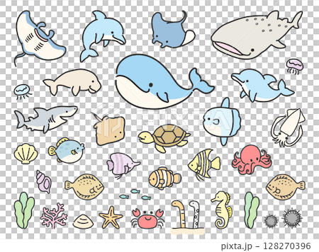 海のかわいい魚や動物のイラストセット 128270396