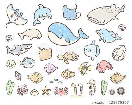 海のかわいい手描きの生き物イラストセット 海のかわいい手描きの生き物イラストセット 128270397