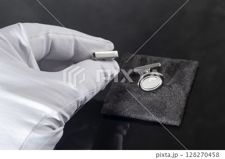 Branded silver cufflinks in a box. Rare item. Stylish accessory. 128270458