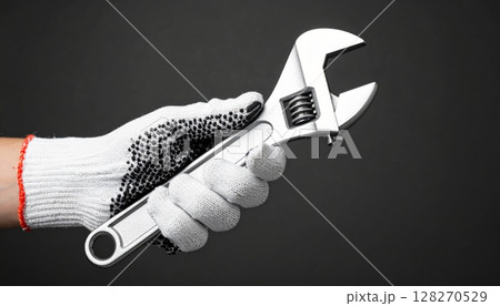 Hand holding an adjustable metal wrench, isolated on white 128270529