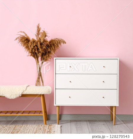 Modern white cabinet on pink color wallpaper 128270543
