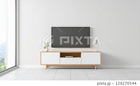 Modern contemporary living room interior design with a flat screen TV on the wall, comfortable sofa, and stylish furniture creating a welcoming home lounge 128270544