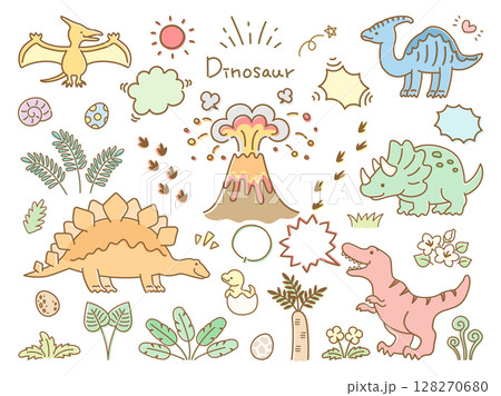 恐竜と火山のイラストセット 128270680