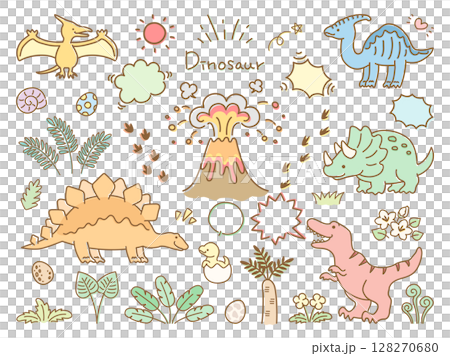 恐竜と火山のイラストセット 128270680