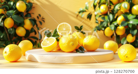 3d rendering of lemonade and lemon on white concrete round stone podium and mock up on yellow paint wall with plant in garden for fresh fruits product and cosmetic advertising stage display on summer 128270700