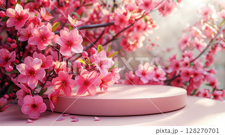 3D rendering pink concrete round stone podium and mock up with cherry blossom garden natural in sunlight for product spa and cosmetic advertising campaign 3D rendering pink concrete round stone podium and mock up with cherry blossom garden natural in sunlight for product spa and cosmetic advertising campaign 128270701