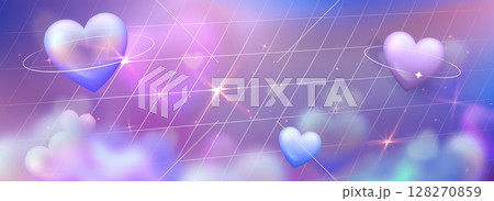 Glossy hearts float on pink blue gradient grid Glossy hearts float on pink blue gradient grid 128270859