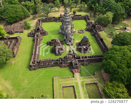 Drone shot the aerial view of Phimai Historical Park. the ancient stone temple Nakhon Ratchasima, Thailand Drone shot the aerial view of Phimai Historical Park. the ancient stone temple Nakhon Ratchasima, Thailand 128270877