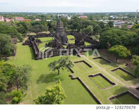 Drone shot the aerial view of Phimai Historical Park. the ancient stone temple Nakhon Ratchasima, Thailand 128270879