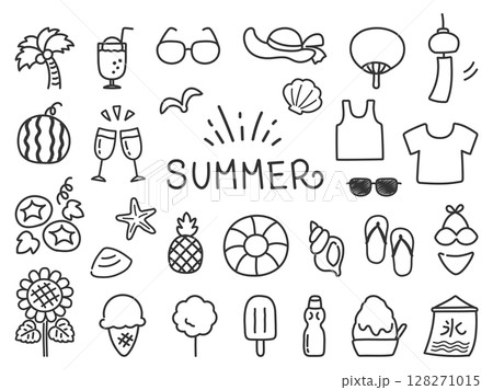 夏のアイコン、手描きのイラストセット 128271015