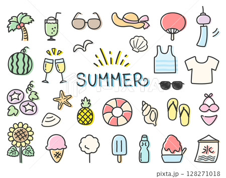 夏のかわいい手描きイラストセットのイラスト素材 [128271018] - PIXTA