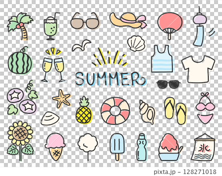 夏のかわいい手描きイラストセットのイラスト素材 [128271018] - PIXTA
