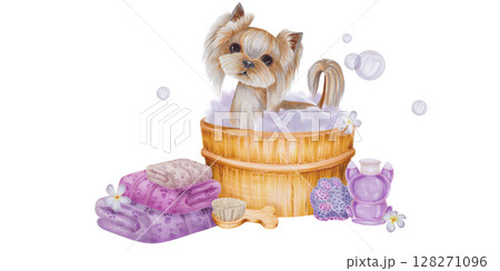 Watercolor illustration of a small dog sitting in a bubble bath. Nearby are towels, a bath brush, shampoo and hygiene items. on a white background. illustration for business cards, banners, postcards 128271096