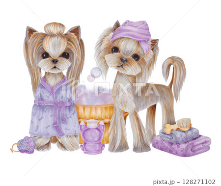 Watercolor Illustration of Two Dogs Small Dogs on Wooden Foam Bath Background . The dog on the right is dressed in a bathrobe, the dog on the left is in a bath turban, next to it there are towels, a w Watercolor Illustration of Two Dogs Small Dogs on Wooden Foam Bath Background . The dog on the right is dressed in a bathrobe, the dog on the left is in a bath turban, next to it there are towels, a w 128271102