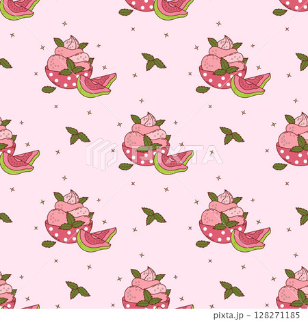 Seamless Pattern with Guava Creamy sweet dessert ice cream on Pink Background with tropical Fruit slices and Mint leaves. Summer Refreshing Exotic food. Vector illustration 128271185