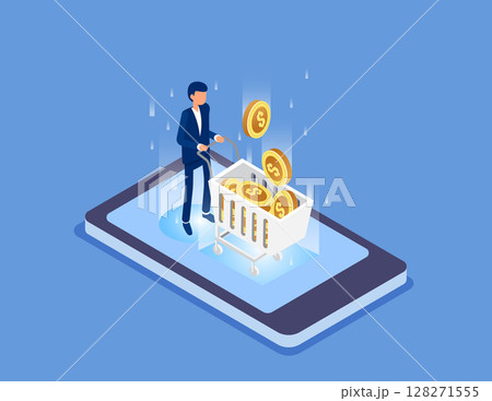 Investment, businessman pushing cart standing on mobile phone to harvest gold coins. Flat isometric vector concept 128271555