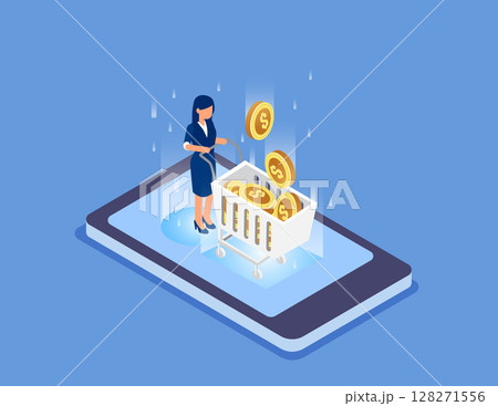Investment, businessman pushing cart standing on mobile phone to harvest gold coins. Flat isometric vector concept 128271556