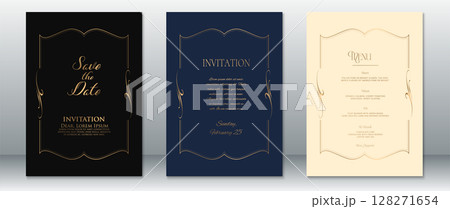 Elegant Gold Frame Wedding Invitation Set with Curved Border on Black, Navy and Cream 128271654