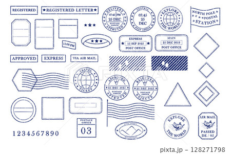 Blank blue postage rubber stamps. Mockup office stamp. Clean post postmark template. Vintage style sticker collection, travel destination mail, tourism, mountain, summer, sun theme Vector illustration 128271798