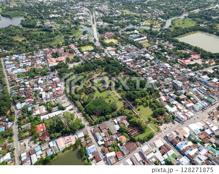 Drone shot the aerial view of Phimai Historical Park. the ancient stone temple Nakhon Ratchasima, Thailand Drone shot the aerial view of Phimai Historical Park. the ancient stone temple Nakhon Ratchasima, Thailand 128271875