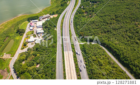 Drone shot The M6 motorway Nakhon Ratchasima Province - Bang Pa-in Lam Ta Khong River and Mountain. Motorway Korat Thailand 128271881