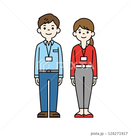 ネームホルダーをした若い男女の社会人の全身イラスト素材セット＿ベクター＿カラー 128271927