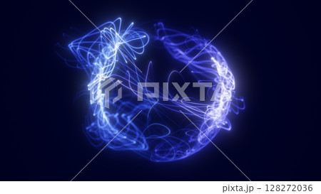 Light blue and white glowing energy ribbons forming a digital sphere with flowing particle streams 128272036