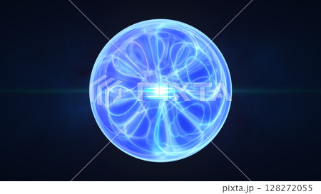 Transparent blue energy orb with subtle internal flows and glowing center on a dark Transparent blue energy orb with subtle internal flows and glowing center on a dark 128272055