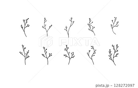 Minimalist Botanical Line Set. A clean set of hand-drawn botanical elements with simple stems and leaves in fine line style, perfect for modern compositions, eco design, and branding. 128272097