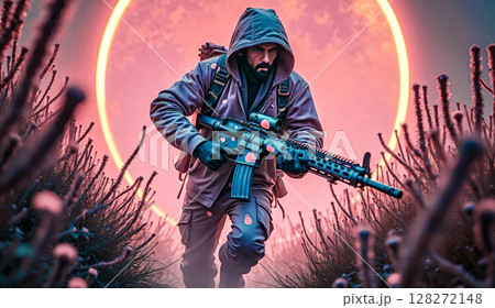 A running infantryman with a rifle in his hands.  A soldier in tactical gear, hood runs with a rifle in his hands, moving through a surreal landscape. 128272148