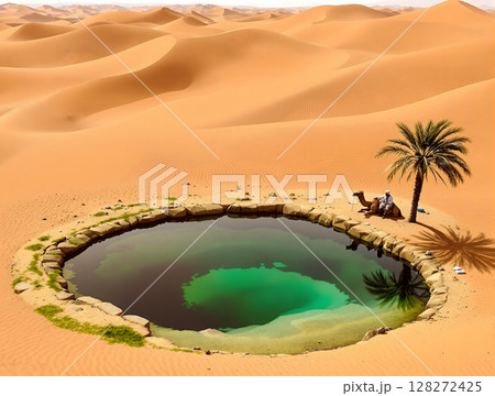 砂漠のオアシスでくつろぐ人とラクダ 砂漠のオアシスでくつろぐ人とラクダ 128272425