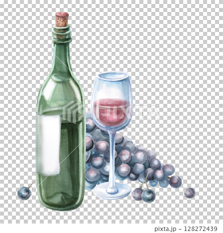 Glass of red wine, bottle and bunch of grapes. Isolated watercolor illustration for bar menu design, restaurant interior, printing on alcoholic beverages, printing on textiles. Glass of red wine, bottle and bunch of grapes. Isolated watercolor illustration for bar menu design, restaurant interior, printing on alcoholic beverages, printing on textiles. 128272439