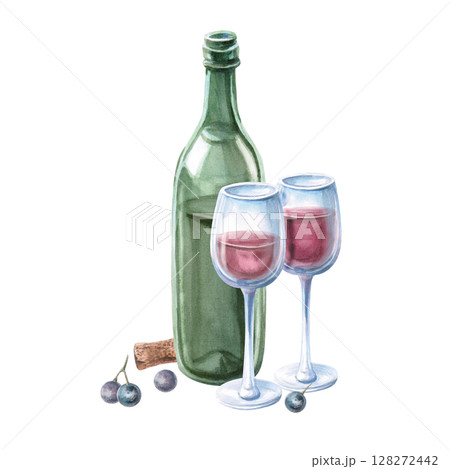Composition of a bottle, two glasses of red wine and grapes. Isolated watercolor illustration for bar menu design, restaurant interior, printing on alcoholic beverages, printing on textiles. Composition of a bottle, two glasses of red wine and grapes. Isolated watercolor illustration for bar menu design, restaurant interior, printing on alcoholic beverages, printing on textiles. 128272442