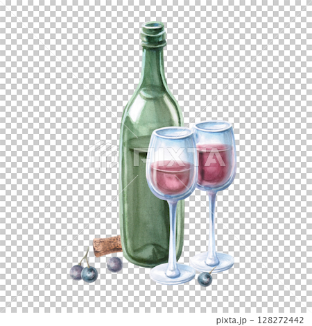 Composition of a bottle, two glasses of red wine and grapes. Isolated watercolor illustration for bar menu design, restaurant interior, printing on alcoholic beverages, printing on textiles. Composition of a bottle, two glasses of red wine and grapes. Isolated watercolor illustration for bar menu design, restaurant interior, printing on alcoholic beverages, printing on textiles. 128272442