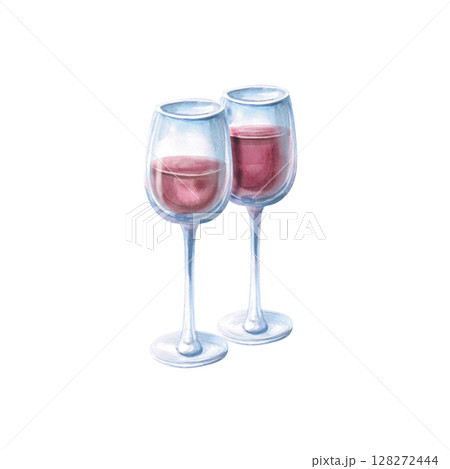 Composition of two glasses of red wine. Isolated watercolor illustration for bar menu design, restaurant interior, printing on alcoholic products, printing on textiles and posters. Composition of two glasses of red wine. Isolated watercolor illustration for bar menu design, restaurant interior, printing on alcoholic products, printing on textiles and posters. 128272444