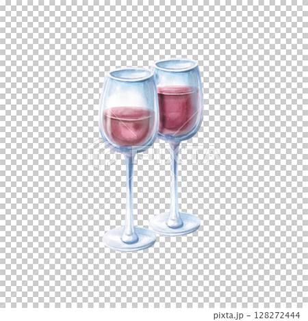 Composition of two glasses of red wine. Isolated watercolor illustration for bar menu design, restaurant interior, printing on alcoholic products, printing on textiles and posters. Composition of two glasses of red wine. Isolated watercolor illustration for bar menu design, restaurant interior, printing on alcoholic products, printing on textiles and posters. 128272444