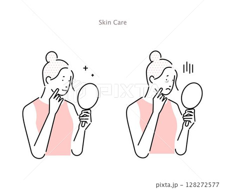 目の下のクマに悩む女性とスキンケアをしてクマのない女性のイラストベクター素材 目の下のクマに悩む女性とスキンケアをしてクマのない女性のイラストベクター素材 128272577