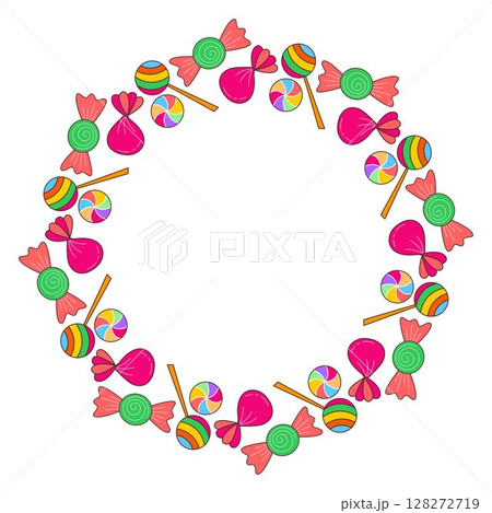 Bright round frame made of sweet lollipops, caramel and candies Bright round frame made of sweet lollipops, caramel and candies 128272719