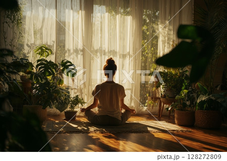 Meditation Practice in a Sunlit Room Filled With Plants During the Golden Hour 128272809