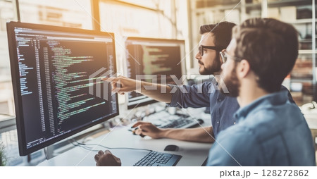 Collaborative Coding Session in a Modern Office With Programmers Analyzing Software on Large Monitors 128272862