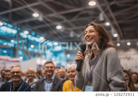 Woman Engages Actively During a Conference While Audience Listens Attentively in a Modern Venue 128272911