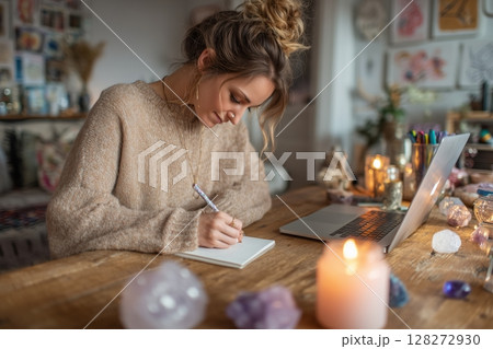 Woman Writing in Notebook at Cozy Desk With Candles and Crystals in a Warm Indoor Setting 128272930