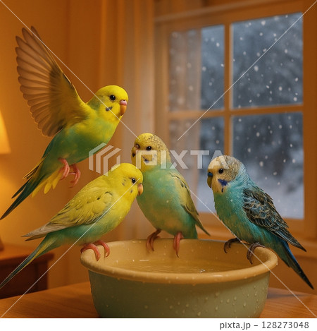 冬景色の部屋で水浴びを楽しむセキセイインコ 冬景色の部屋で水浴びを楽しむセキセイインコ 128273048