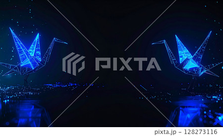 未来的に輝くネオン折り鶴の対称デザイン 未来的に輝くネオン折り鶴の対称デザイン 128273116