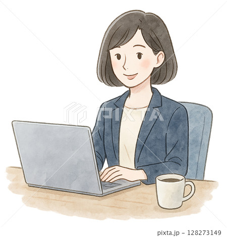 会社 デスクワーク ビジネス 女性 水彩イラスト 会社 デスクワーク ビジネス 女性 水彩イラスト 128273149