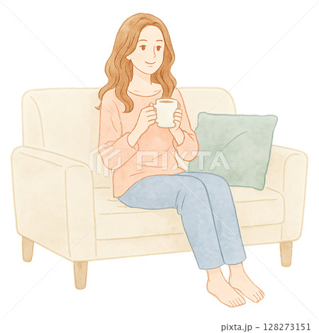 女性 ソファ リラックス コーヒー 水彩イラスト 女性 ソファ リラックス コーヒー 水彩イラスト 128273151