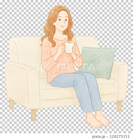 Woman on sofa relaxing coffee watercolor illustration 128273151