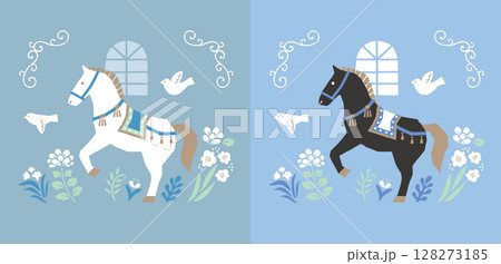 エレガントな白と黒の馬と花と鳥2種 128273185