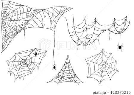 Spiderweb corner line border, gothic scary hanging net frame. Simple spooky halloween decoration. Cobweb spider trap. 128273219